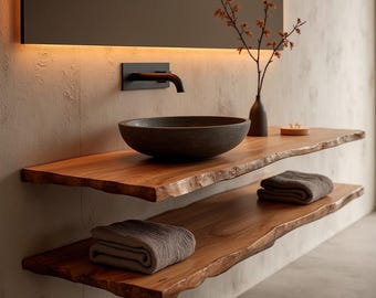 Double Custom Rustic Floating Vanity with Live Edge, Solid Wood Bathroom Sink Cabinet, Farmhouse Wall Mounted Vanity, Unique Bathroom Decor