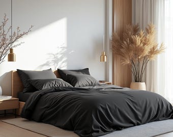 Dark gray sateen bedding set 1 Duvet cover and 2 Pillowcases Cotton satin bedding Comforter cover set