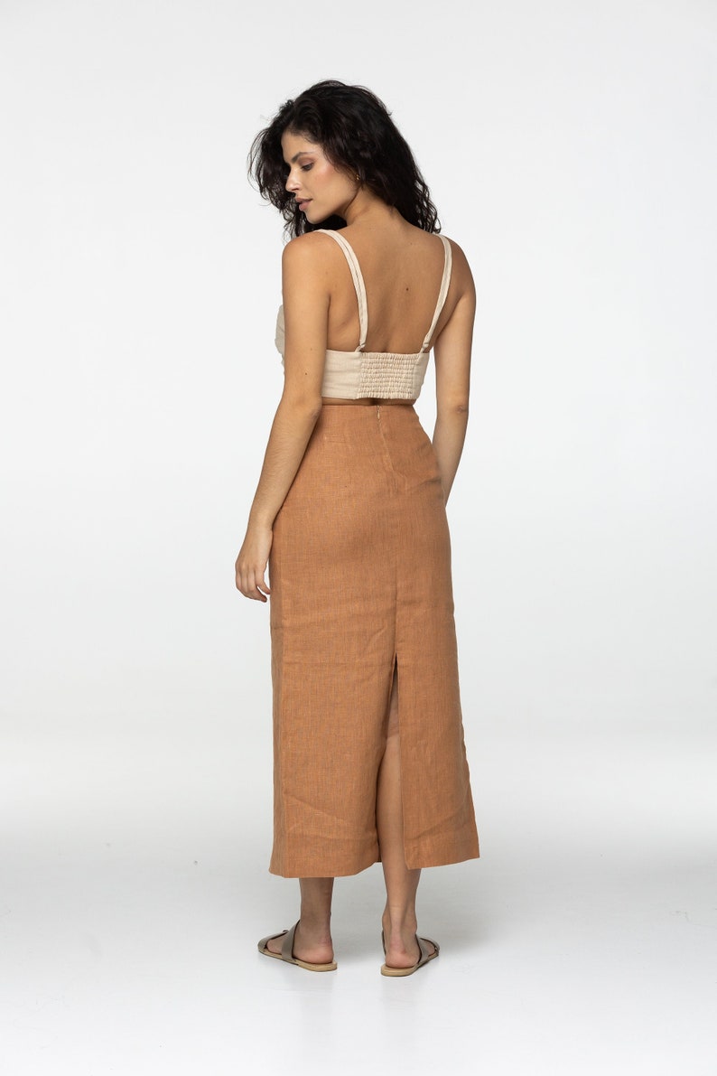 Fitted almond linen maxi skirt Brigit with zipper Slim high waist office linen skirts with back slit Custom Plus size image 1