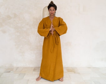 Amber linen kimono maxi dress Lexa Japanese kimono robe Softened linen long wrap dress Kimono wrap dress with belt Custom sizes