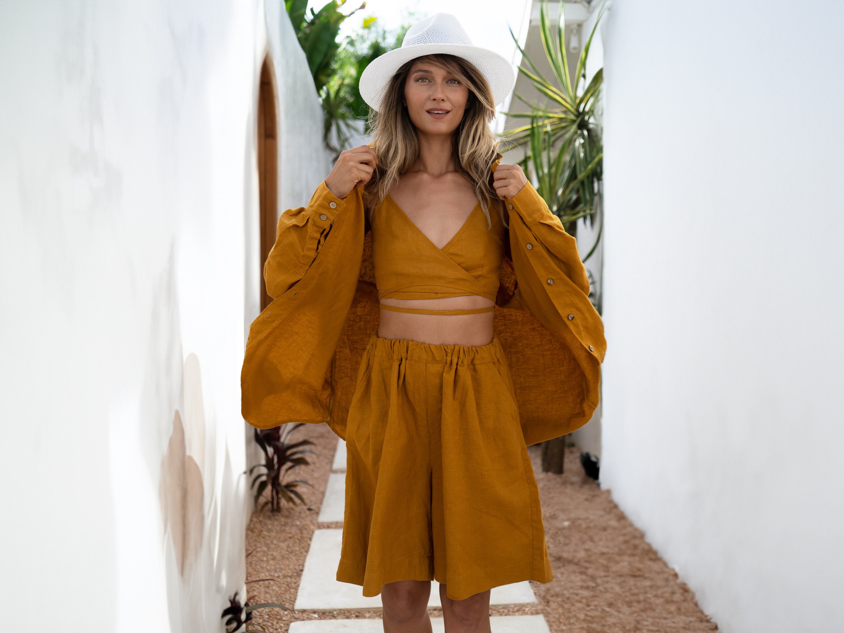 Amber Linen Set Kaia Loose Long Sleeve Shirt & High Elastic Waist Shorts Samantha Wrap Crop Top Liana Custom Sizes