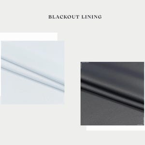 May include: Image showcasing two fabric swatches, one light blue and the other dark gray, with the text "BLACKOUT LINING" at the top. The fabrics are smooth and appear to be draped, suggesting their use in window treatments or similar applications.