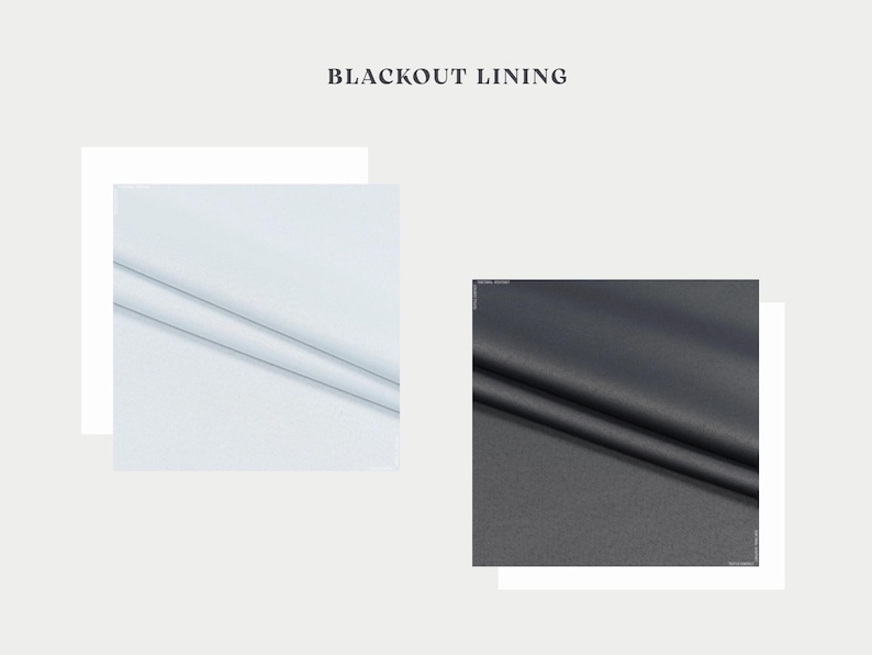 May include: Image showcasing two fabric swatches, one light blue and the other dark gray, with the text "BLACKOUT LINING" at the top. The fabrics are smooth and appear to be draped, suggesting their use in window treatments or similar applications.