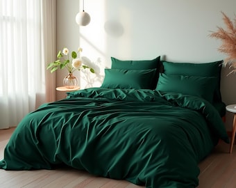 Emerald sateen bedding set 1 Duvet cover and 2 Pillowcases Cotton satin bedding Comforter cover set