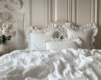 White ruffled linen pillow cover Soft Linen Pillowcase with in Standard, Queen, King or Custom Sizes