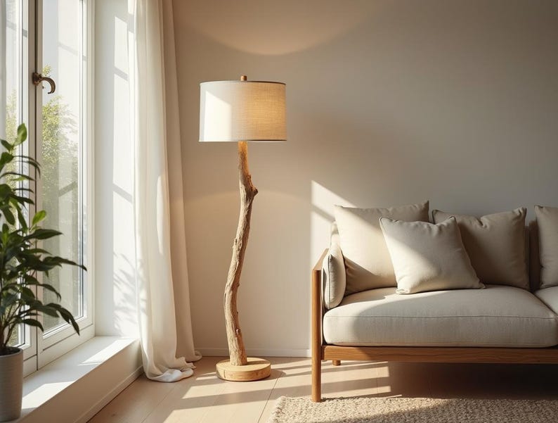 May include: A floor lamp with a natural wood trunk-style base and a beige lampshade. The lamp is next to a beige sofa with several pillows. A window with white curtains is on the left, and a potted plant is in the corner.