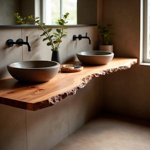 Könnte beinhalten: Ein Badezimmerwaschtisch mit einer Holzplatte mit roher Kante. Zwei Steinwaschbecken stehen auf der Arbeitsplatte, mit schwarzen Wasserhähnen an der Wand. Ein Spiegel und Grün in einer Vase tragen zur natürlichen Ästhetik bei. Das Holz hat einen warmen, rotbraunen Ton.