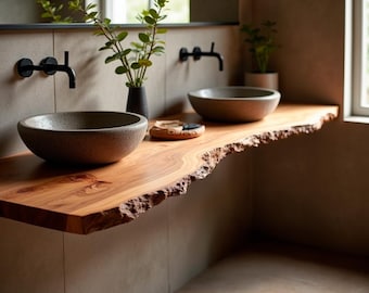 Rustic Floating Vanity with Live Edge Shelf, Custom Handmade Reclaimed Wood Sink Cabinet, Wall Mounted Solid Wood Bathroom Vanity