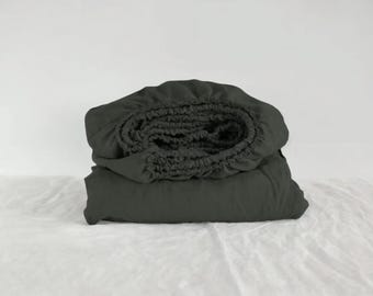 Charcoal green linen fitted sheet 1 Fitted sheet Breathable Stonewashed Bed Sheet in 100% Natural Flax
