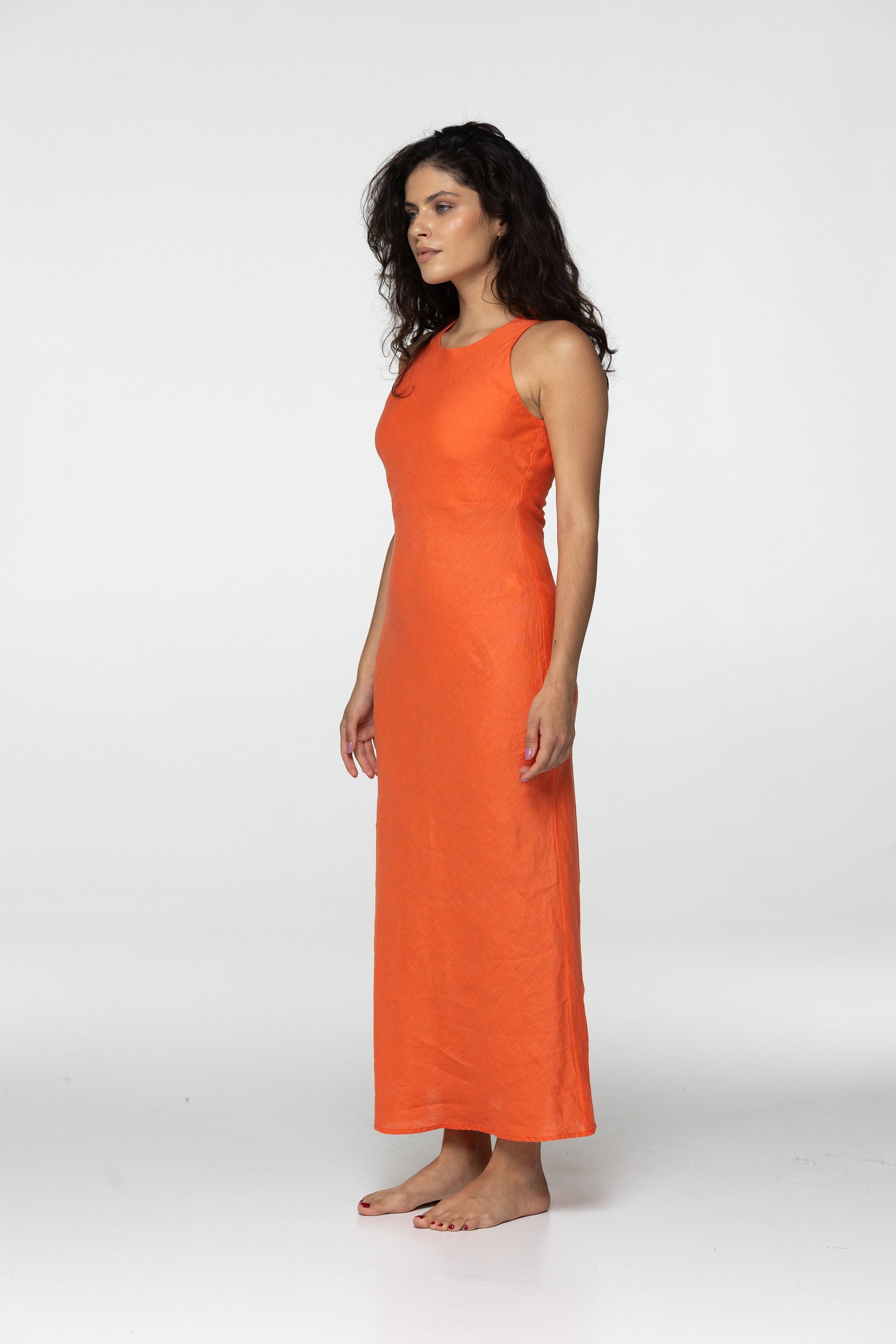 Tangerine linen midi slip dress Luna Long Simple camisole dress Simple basic summer dress Minimalist casual pure linen dress Custom size