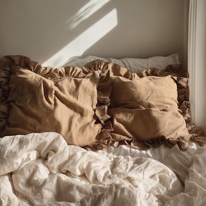 Almond ruffled linen pillow cover Soft Linen Pillowcase with in Standard, Queen, King or Custom Sizes