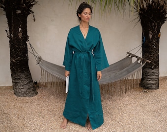 Teal linen kimono maxi dress Lexa Japanese kimono robe Softened linen long wrap dress Kimono wrap dress with belt Custom sizes