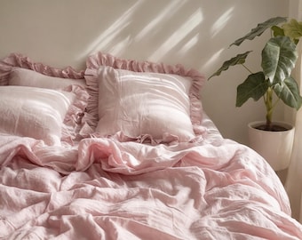 Pastel pink ruffled linen pillow cover Soft Linen Pillowcase with in Standard, Queen, King or Custom Sizes