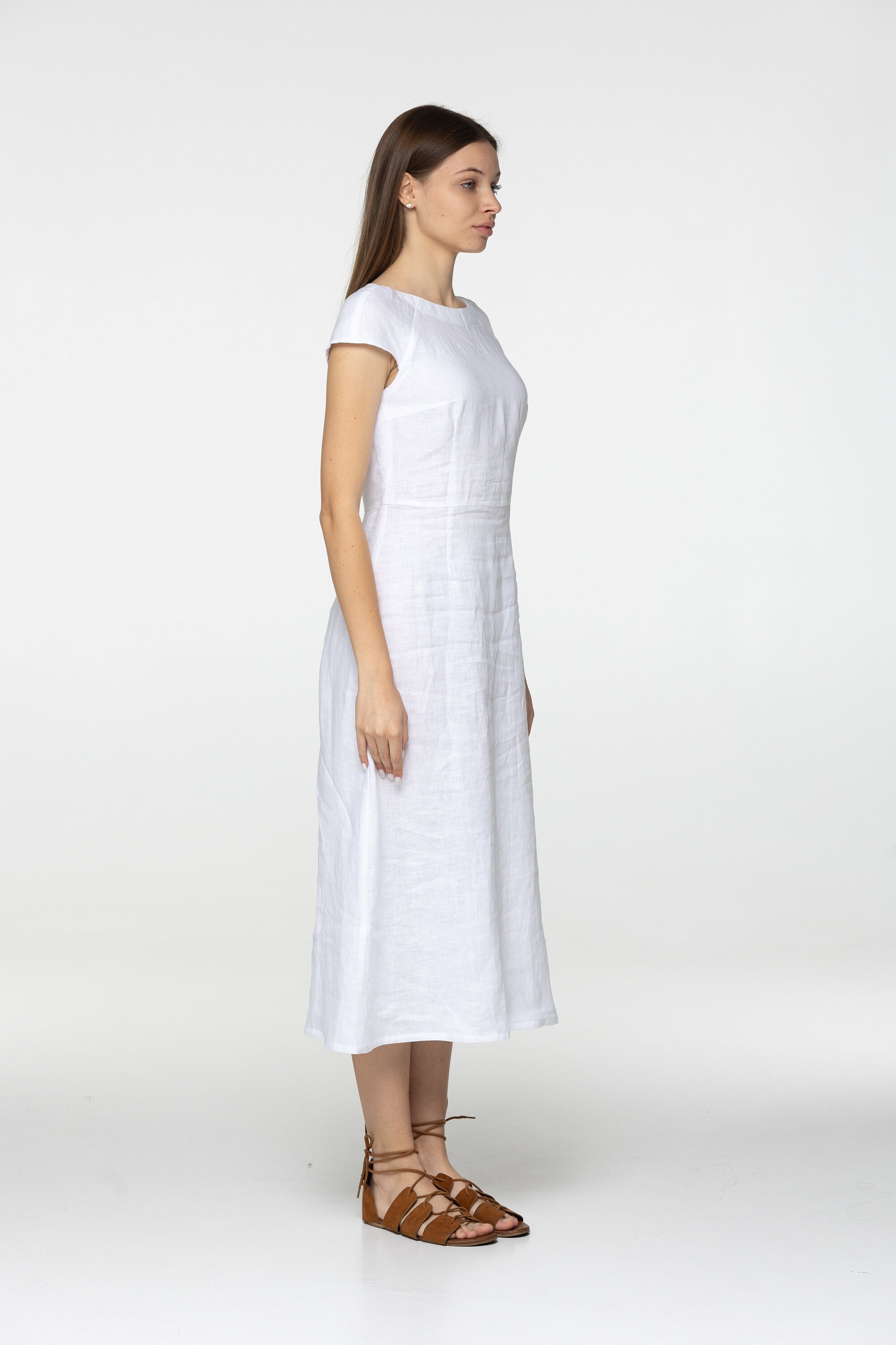White Linen Midi Short Sleeve Dress Cara Long Simple Dress Simple Basic — free download