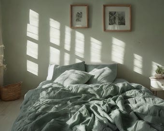 Puede incluir: Un dormitorio sereno con una cama con ropa de cama verde salvia, que incluye almohadas y un edredón. Dos cuadros enmarcados cuelgan de la pared sobre la cama. La luz del sol entra por una ventana.