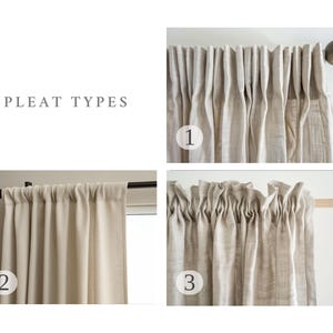 May include: Image showcasing three different pleat types for curtains. The image includes the text "PLEAT TYPES". The pleat styles are numbered 1, 2, and 3. The curtains are a neutral color and are hanging on rods.