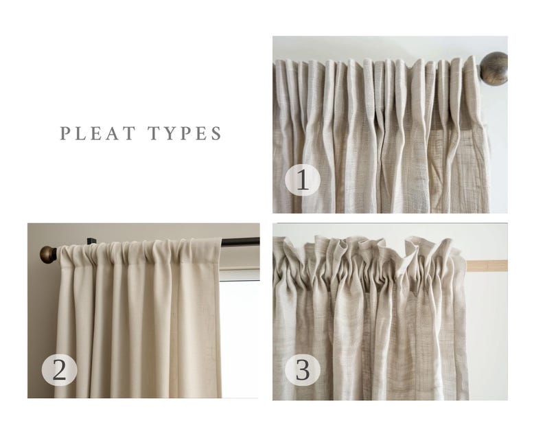 May include: Image showcasing three different pleat types for curtains. The image includes the text "PLEAT TYPES". The pleat styles are numbered 1, 2, and 3. The curtains are a neutral color and are hanging on rods.