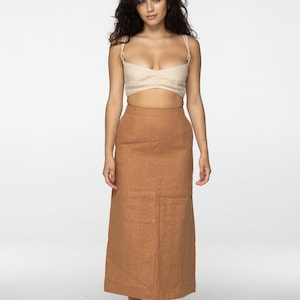 Fitted almond linen maxi skirt Brigit with zipper Slim high waist office linen skirts with back slit Custom Plus size image 4