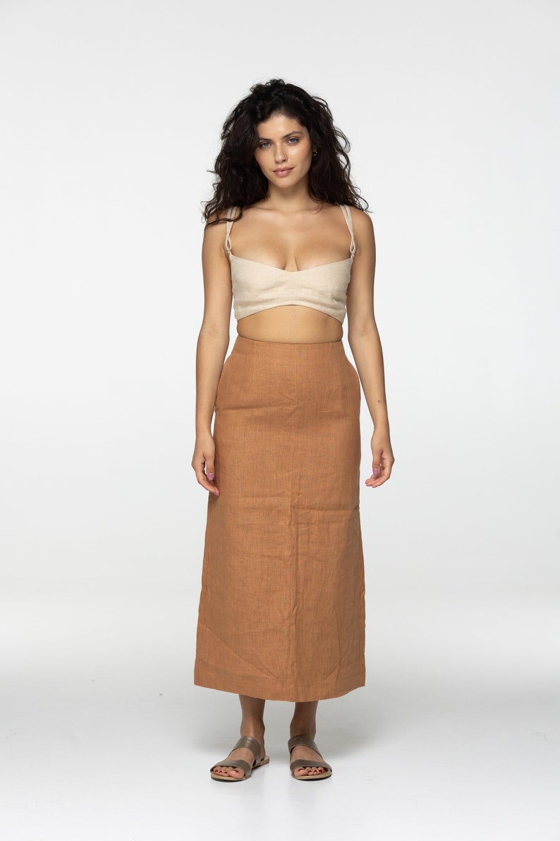 Fitted almond linen maxi skirt Brigit with zipper Slim high waist office linen skirts with back slit Custom Plus size image 4