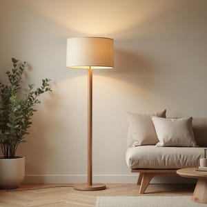 Wooden Floor Lamp, Beige Standing Light, Rustic Japandi Oak Lamp For Corner, Handmade Nordic Home Decor Lighting, Gift Idea For Home