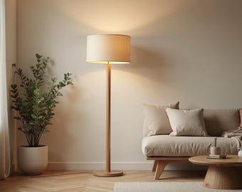 Houten vloerlamp, beige staand licht, rustieke Japandi eiken lamp voor hoek, handgemaakte Scandinavische interieurverlichting, cadeau-idee voor thuis