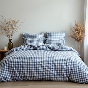 Navy Gingham Cotton Bedding Set 1 Duvet cover and 2 Pillowcases Soft Checkered Bedding Cozy Bedroom Decor