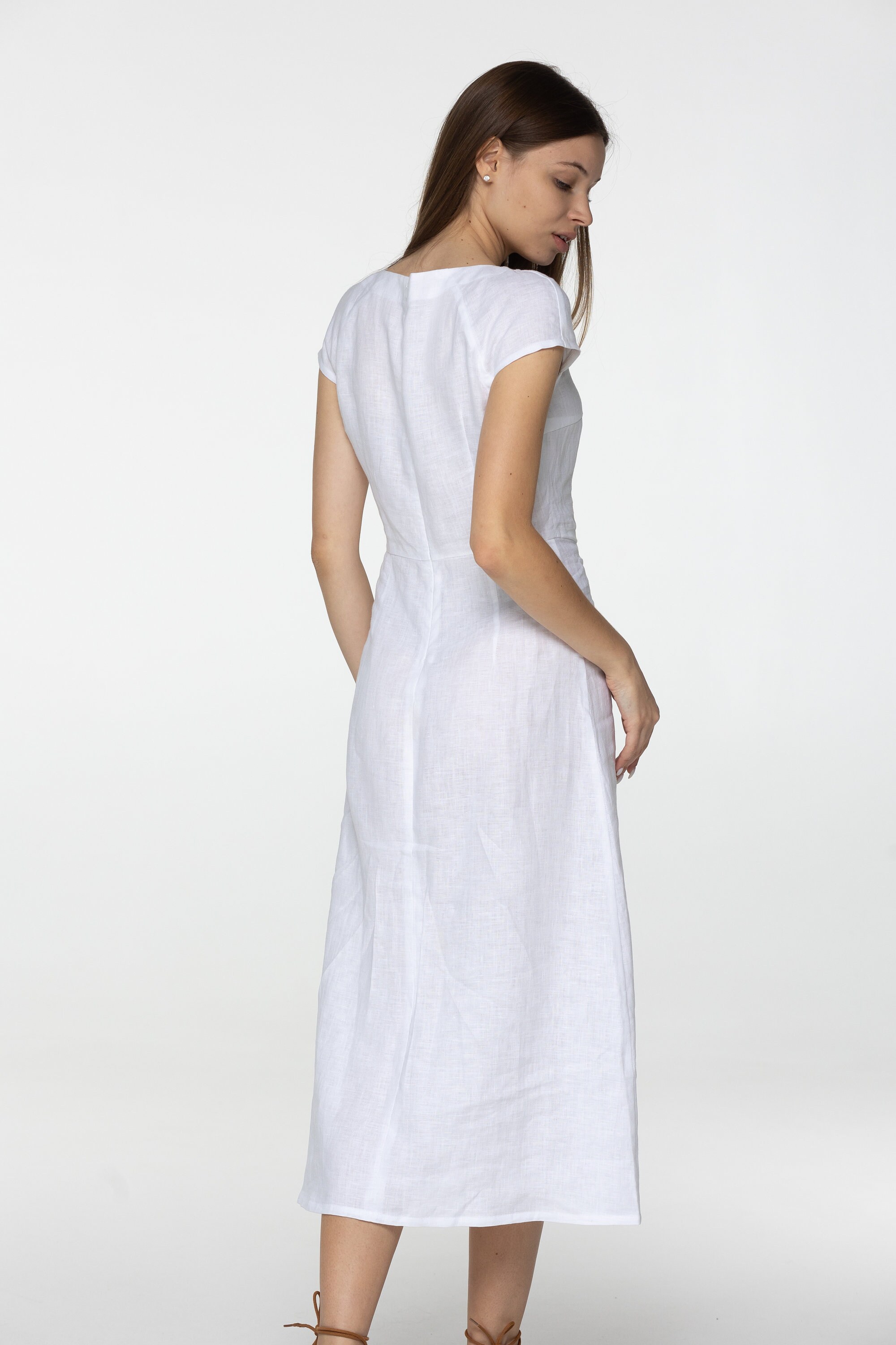 LP White Short Sleeves Linen Midi Shirt Dress main image 1