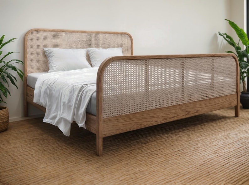 Brown Oak Bed With Rattan Headboard and Footboard Wooden Bed Frame ...