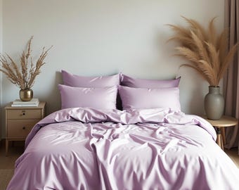 Lilac sateen bedding set 1 Duvet cover and 2 Pillowcases Cotton satin bedding Comforter cover set
