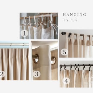 May include: An image showcasing five different curtain hanging types. The image includes close-ups of curtains with various hanging styles, including tie-top, pleated, grommet, and ring-top options. The text "HANGING TYPES" is displayed in the upper right corner.