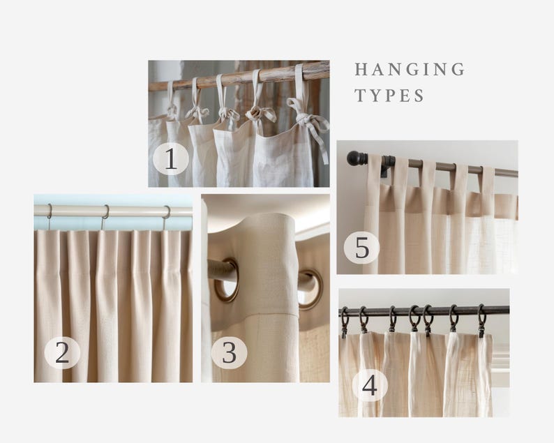 May include: An image showcasing five different curtain hanging types. The image includes close-ups of curtains with various hanging styles, including tie-top, pleated, grommet, and ring-top options. The text "HANGING TYPES" is displayed in the upper right corner.
