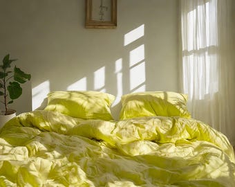 Juego de cama de lino Lemon con funda nórdica rústica y 2 fundas de almohada, ropa de cama suave de peso medio, lavado a la piedra, cómodo.