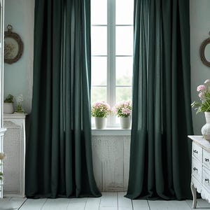 Charcoal green linen curtain Rustic Natural Drapes pair blackout or regular, with optional cotton lining, custom sizing available
