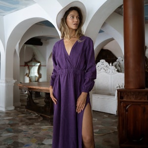 Violet linen maxi dress Helena Linen long sleeve dress with elastic waist Deep plunge v neck boho dress with pockets Plus sizes image 1