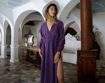 Violet linen maxi dress Helena Linen long sleeve dress with elastic waist Deep plunge v neck boho dress with pockets Plus sizes