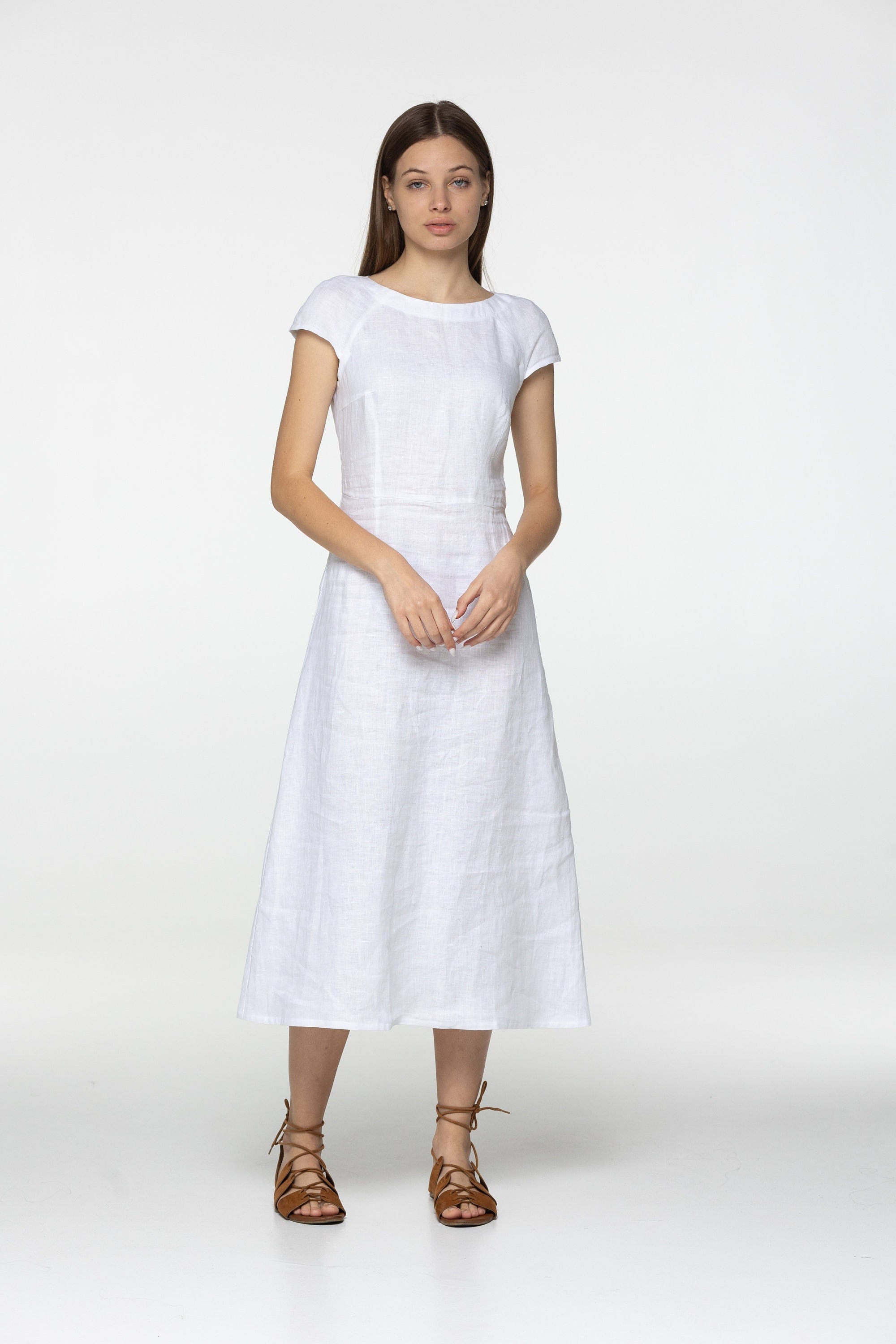 White Cotton Linen Midi Dress with Long Sleeves for Casual Wear