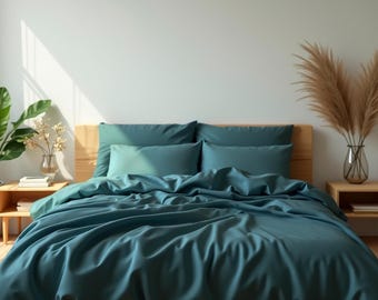 Dusty teal sateen bedding set 1 Duvet cover and 2 Pillowcases Cotton satin bedding Comforter cover set