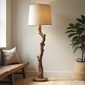 Modern Wooden Floor Lamp, Japandi Beige Light, Rustic Brown Oak Lamp For Living Room, Handmade Scandinavian Decor, Unique Gift Idea