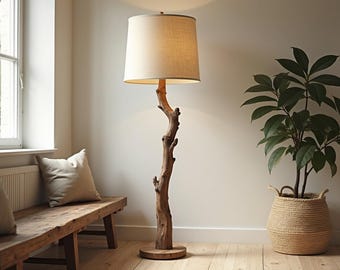 Modern Wooden Floor Lamp, Japandi Beige Light, Rustic Brown Oak Lamp For Living Room, Handmade Scandinavian Decor, Unique Gift Idea