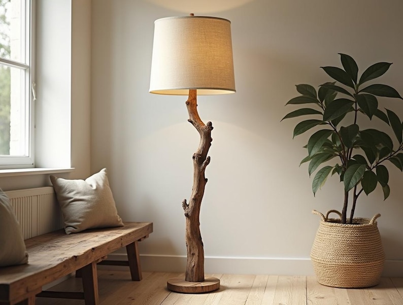 May include: A rustic floor lamp with a natural wood trunk-style base and a beige linen lampshade. The lamp stands tall next to a potted plant in a woven basket, creating a warm, inviting ambiance. The lamp's height is approximately 60 inches.