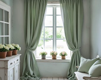 Sage 100% Linen curtain \ One panel \ Sheer or Blackout