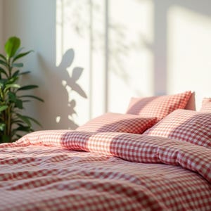 Op de afbeelding: Rode en witte gingham beddengoed met een rood en wit gingham kussen erop. Het beddengoed ligt op een bed met een witte muur op de achtergrond.