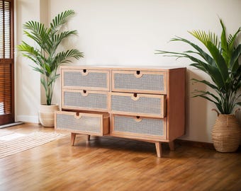 May include: A light wood dresser with six drawers, each featuring a woven rattan front. The drawers have a curved handle cutout. The dresser is set on angled legs. Two large potted plants flank the dresser, adding a natural element to the room.