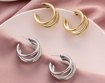 C-shaped Triple Tube Hoop Loop Earring | Metallic | Minimalist | Simple | Luxury | Bridesmaid | Birthday | Valentines | Gift For Her