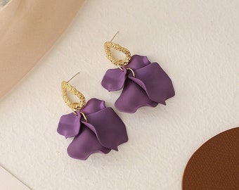 Summer Spring Purple Floral Dangle Drop Earring | Pushback Clip On Available | Statement Earring | Bridesmaid Gift Birthday | Gift For Her
