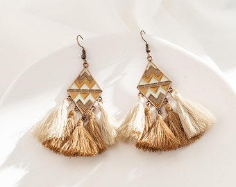 Tassels Bohemian Boho Diamond Wave pattern Earth Tone Dangle Drop Earring | Bridesmaid Gift | Birthday Gift | Gift For Her