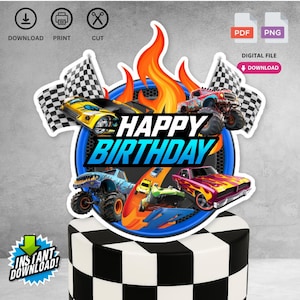 Instant Download Printable Birthday Cake Topper | Digital File for Race Car Monster Truck Kids Birthday Party Decorations | Not Editable