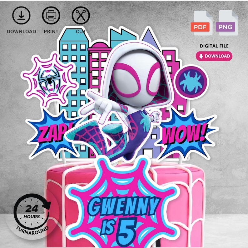 May include: A pink cake topper with a cartoon character in a white and purple suit, with the text "GWENNY IS 5". The topper includes cityscape cutouts, speech bubbles with "ZAP" and "WOW!", and a spiderweb design.