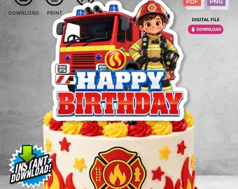 Decorazione per torta di compleanno a tema pompieri con camion dei pompieri, download immediato e stampabile / Download digitale per decorazioni per feste per bambini / Non modificabile