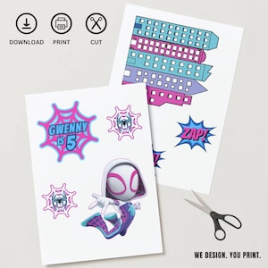 May include: Two white sheets with colourful Spider-Gwen themed graphics. One sheet features a cartoon character, spider web designs, and the text "GWENNY IS 5". The other sheet has building cutouts and a "ZAP" graphic. Scissors are also present.